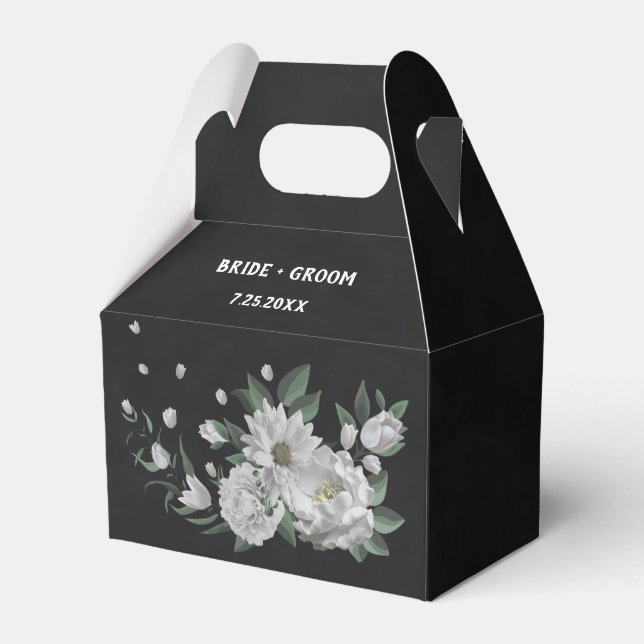 romantic white flowers greenery black wedding favor boxes (Front Side)