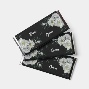romantic white flowers greenery black wedding hershey bar favors