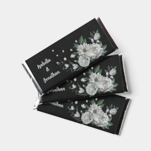 romantic white flowers greenery black wedding hershey bar favors