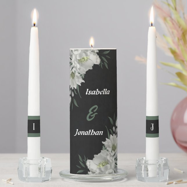 romantic white flowers greenery black wedding unity candle set (In Situ)
