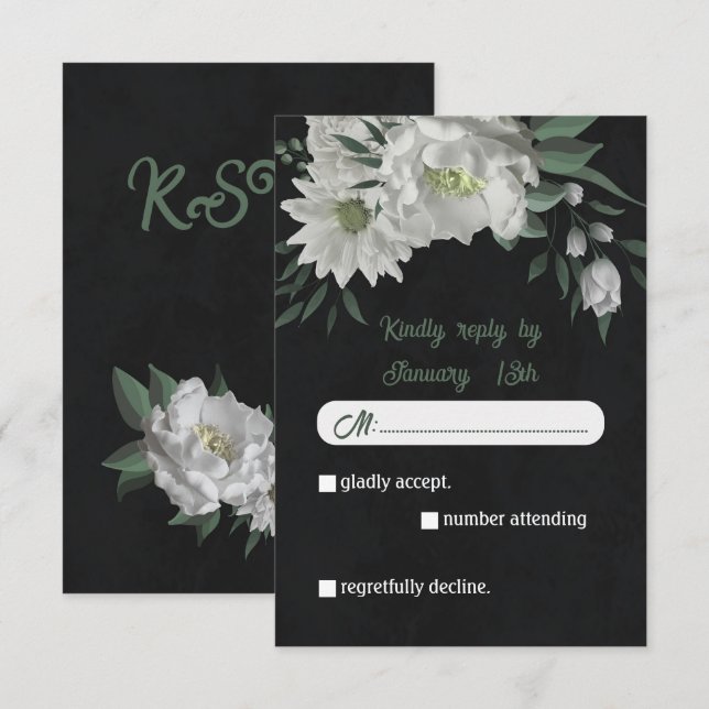 romantic white flowers greenery botanical black RSVP card (Front/Back)