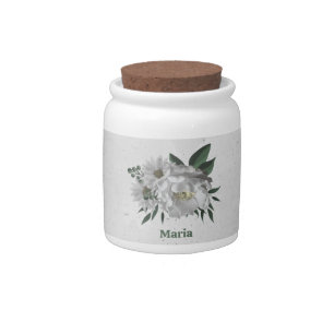 romantic white flowers greenery candy jar