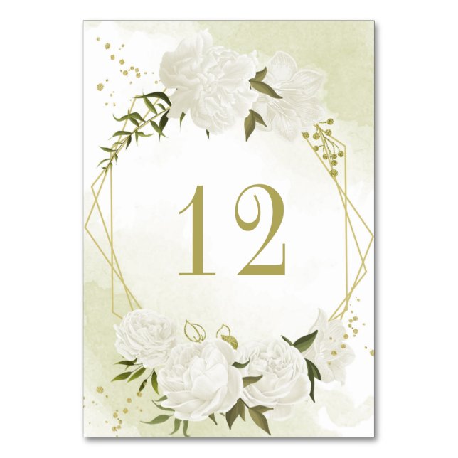 Romantic white flowers greenery gold geometric table number (Front)