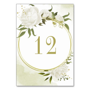 Romantic white flowers greenery gold wreath table number