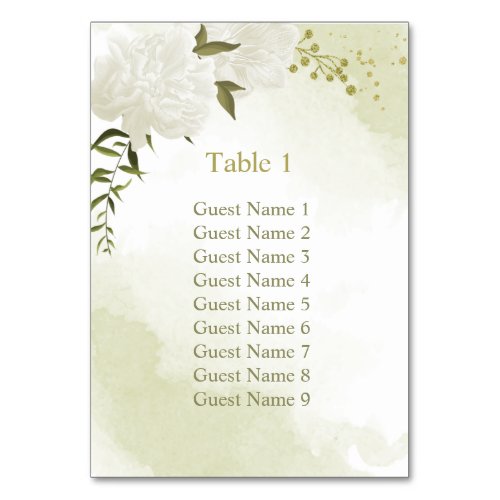 Romantic white flowers greenery seating chart table number