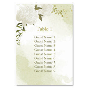 Romantic white flowers greenery seating chart table number