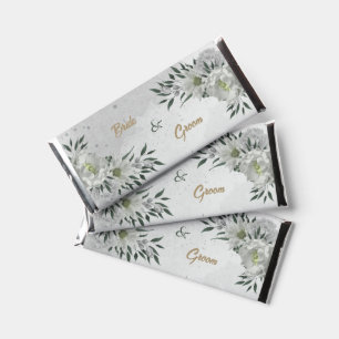 romantic white flowers greenery wedding hershey bar favors