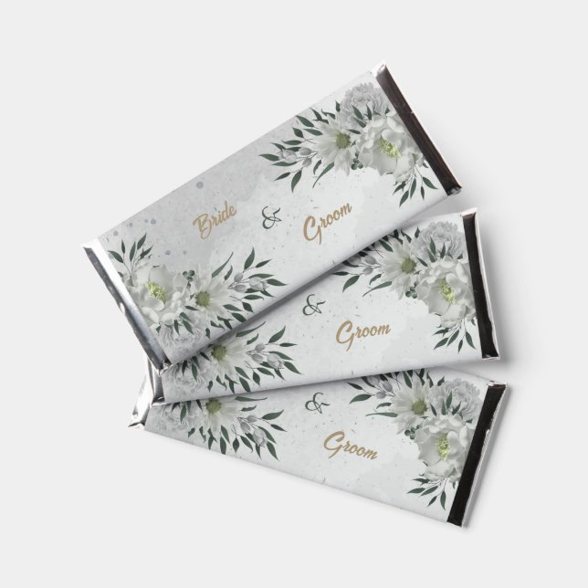 romantic white flowers greenery wedding hershey bar favors (Front)