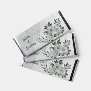romantic white flowers greenery wedding hershey bar favors