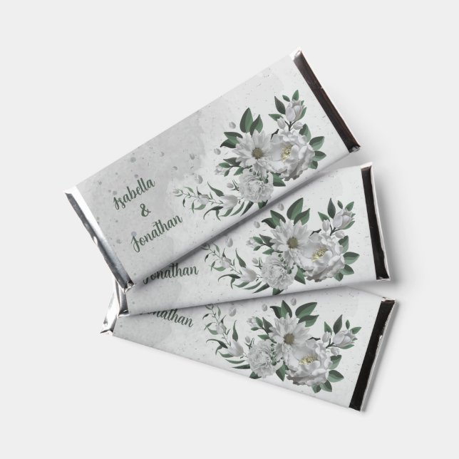 romantic white flowers greenery wedding hershey bar favors (Front)