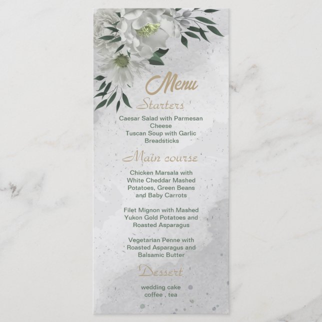 romantic white flowers greenery wedding menu (Front)
