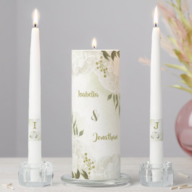 romantic white flowers greenery wedding unity candle set (In Situ)