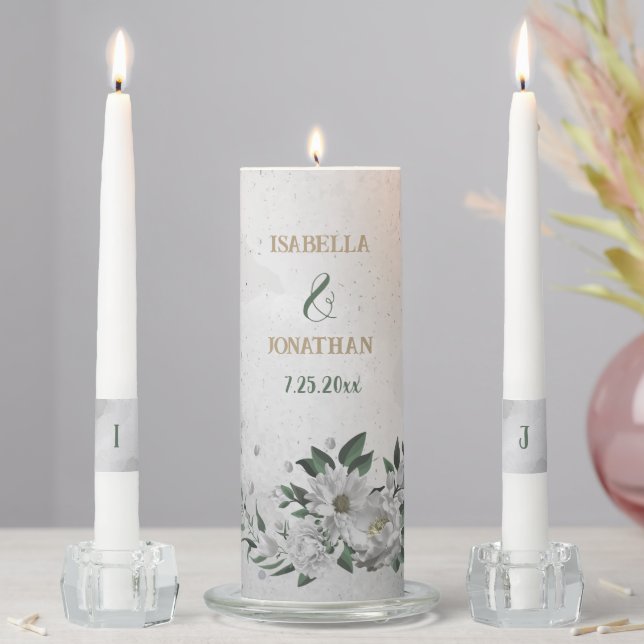 romantic white flowers greenery wedding unity candle set (In Situ)