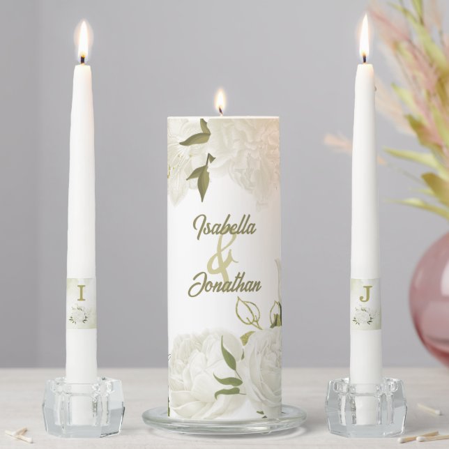 romantic white flowers greenery wedding unity candle set (In Situ)