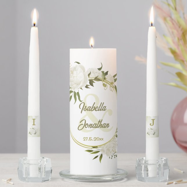 romantic white flowers greenery wedding unity candle set (In Situ)