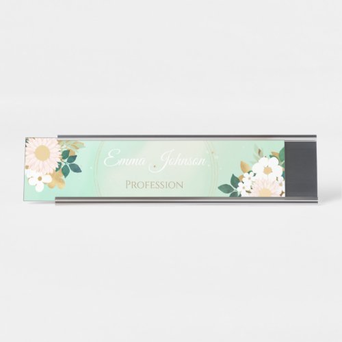 Romantic White Flowers Mint Watercolor Design Desk Name Plate
