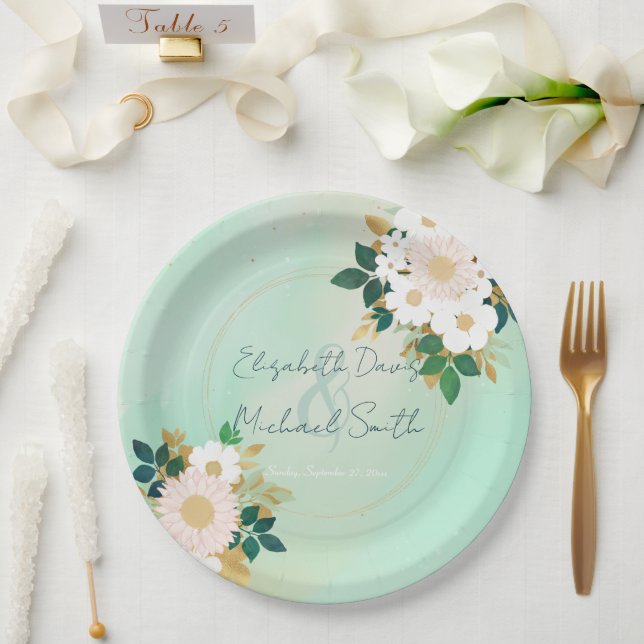 Romantic White Flowers Mint Watercolor Design Paper Plates (Wedding)