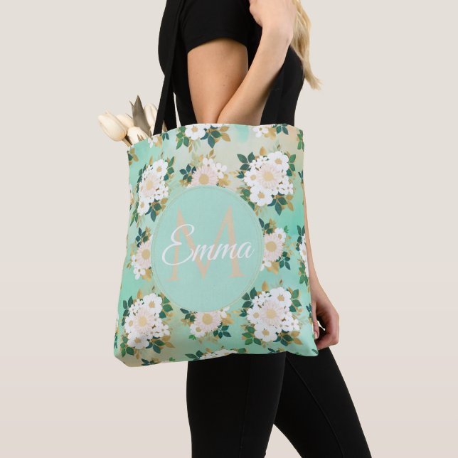 Romantic White Flowers Mint Watercolor Design Tote Bag (Close Up)