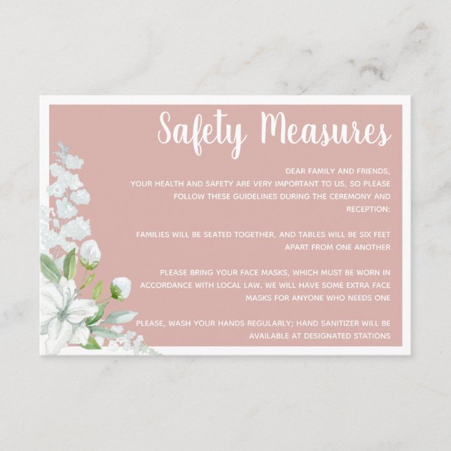 Romantic white flowers safety measures wedding enclosure card (Front)