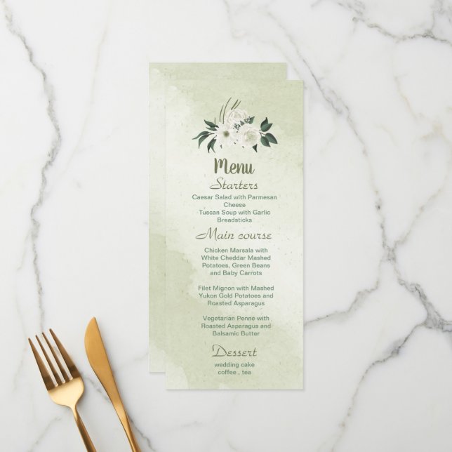  romantic white flowers with green leaves menu (Front/Back In Situ)