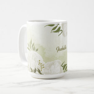 romantic white flowers with pretty green leaves coffee mug