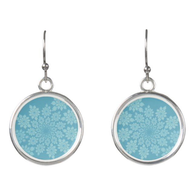 Romantic white fractal ornaments on blue earrings (Front)