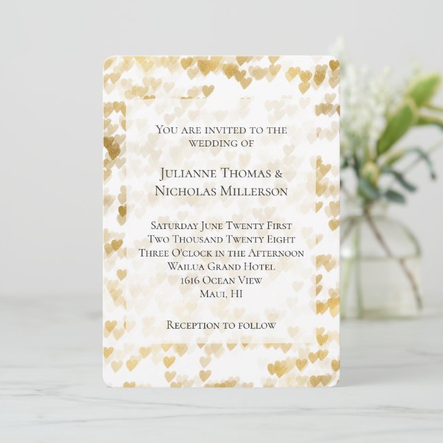 Romantic White Gold Hearts Wedding   Invitation (Standing Front)