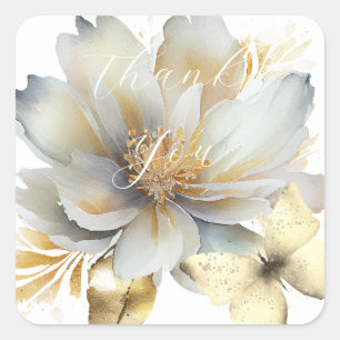 Romantic white golden flowers thank you  square sticker