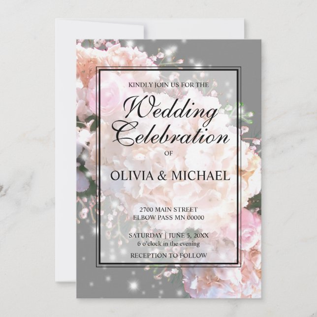 Romantic white & gray lace hydrangeas pink roses invitation (Front)