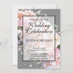 Romantic white & gray lace hydrangeas pink roses invitation