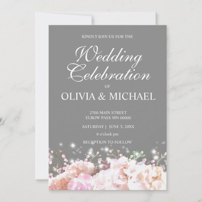 Romantic white & gray lace hydrangeas pink roses  invitation (Front)