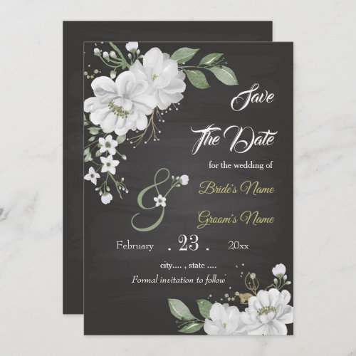 Romantic white greenery floral black  save the date
