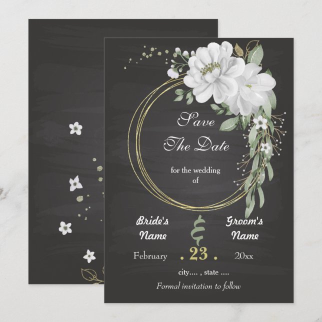 Romantic white greenery floral wreath black save the date (Front/Back)