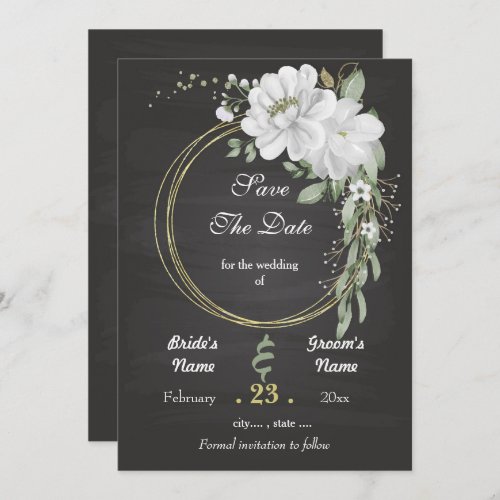 Romantic white greenery floral wreath black save the date