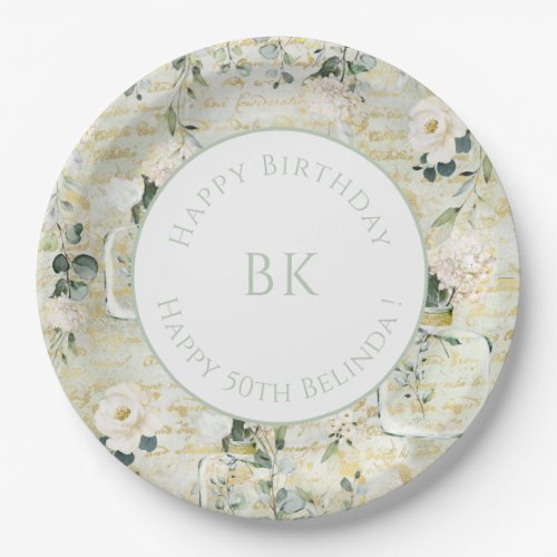 Romantic White Greenery  Gold Botanical Floral Paper Plates