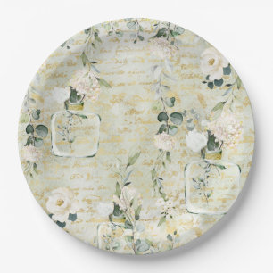 Romantic White Greenery & Gold Botanical Floral Paper Plates