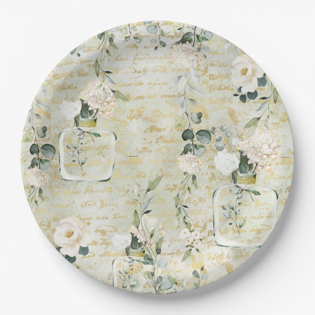 Romantic White Greenery & Gold Botanical Floral Paper Plates (Front)