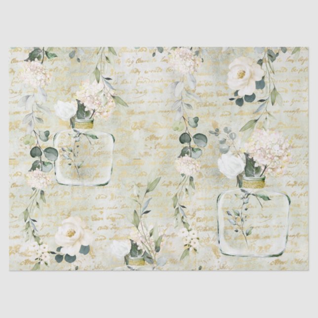 Romantic White Greenery & Gold Botanical Floral Tissue Paper (Front)