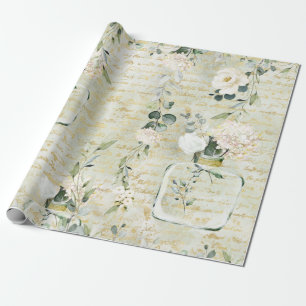 Romantic White Greenery & Gold Botanical Floral Wrapping Paper