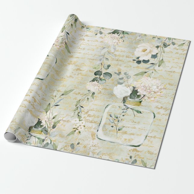 Romantic White Greenery & Gold Botanical Floral Wrapping Paper (Unrolled)