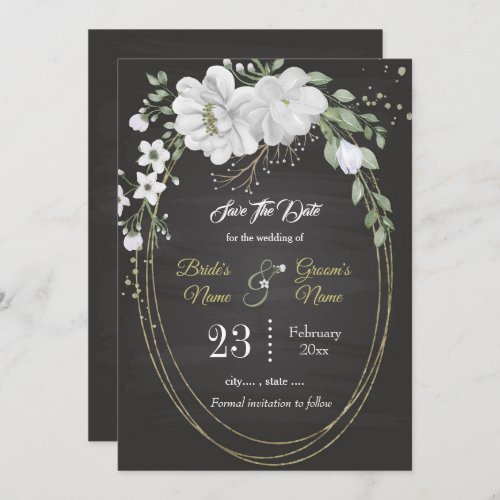 Romantic white greenery oval frame black save the date