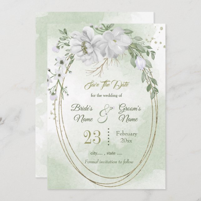 Romantic white greenery oval frame  save the date (Front/Back)