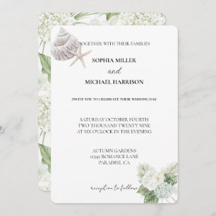 Romantic White Hydrangea Flowers Beach Wedding Invitation