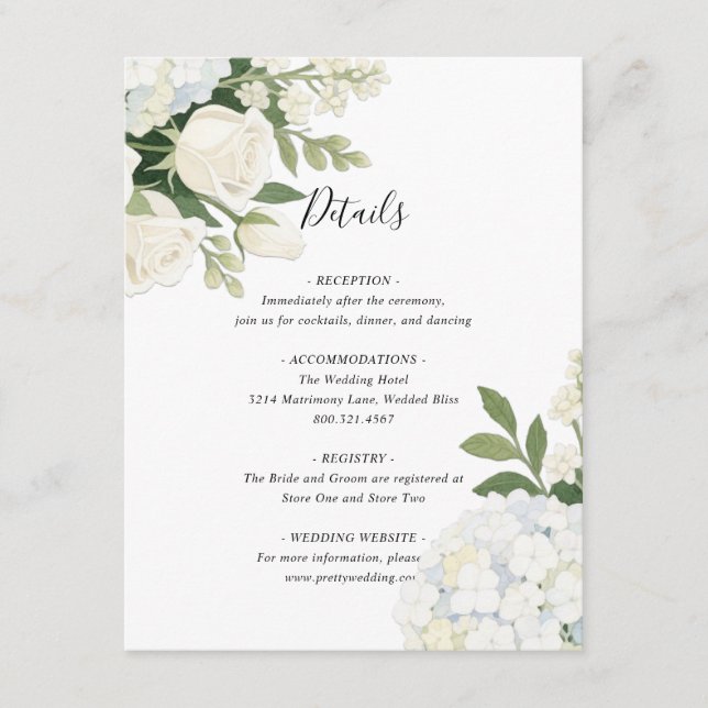 Romantic White Hydrangea Rose Elegant Wedding Enclosure Card (Front)