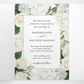 Romantic White Hydrangea Rose Elegant Wedding Tr Tri-Fold Invitation