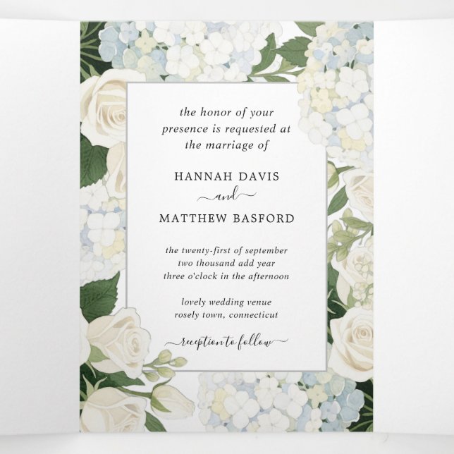 Romantic White Hydrangea Rose Elegant Wedding   Tr Tri-Fold Invitation (Inside Middle)