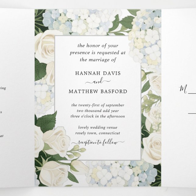 Romantic White Hydrangea Rose Elegant Wedding   Tri-Fold Invitation (Inside Middle)