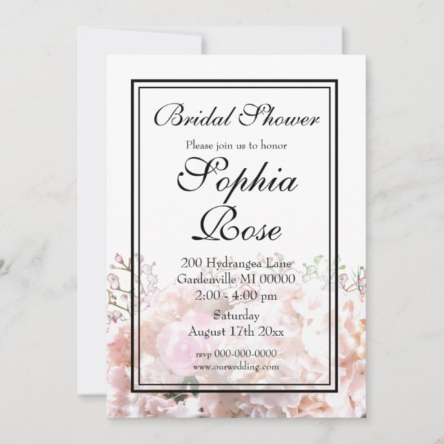 Romantic white hydrangeas pink roses bridal shower invitation (Front)