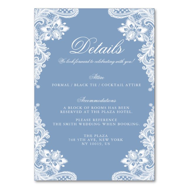 Romantic White Lace And Blue Wedding Detail Cards (Front)