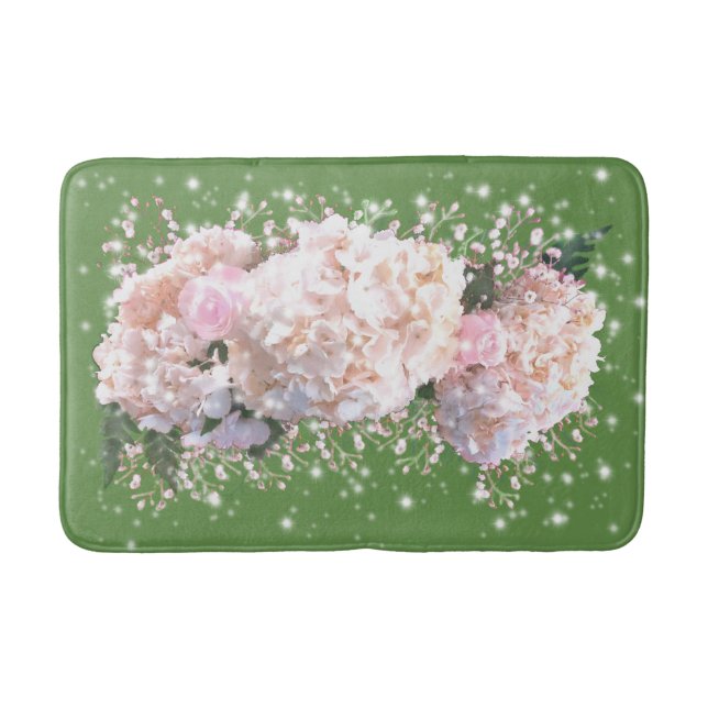 Romantic white lace hydrangeas,  pink roses bath mat (Front)